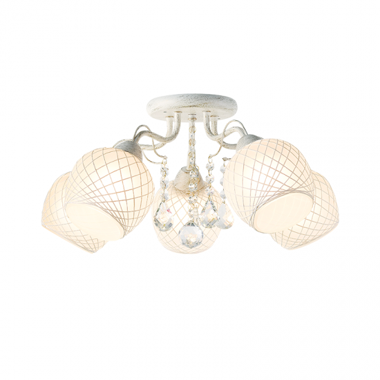 Ceilling light 5 x E27 60W Metal + Glass + Crystal + Twine  / Whitegold patine + Sandblast + Clear + White Φ55ΧΗ22,5CM OPORTO - acadecor 