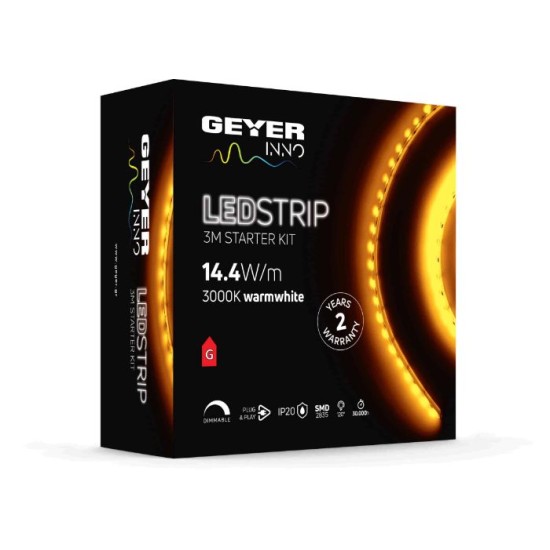 Ταινία Led 7.2w/m 3000K - Blister Kit - 3Μέτρα - IP20 Με τροφοδοτικό 12V DC - 139244 - Geyer