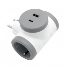 Adaptor T Schuko with 2 Sockets+1 Socket usb+1 Socket Type C Grey MAX 20W - Adeleq