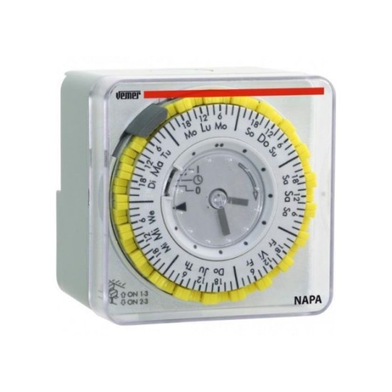 Χρονοδιακόπτης αναλογικός ρολόι ράγας 72x72mm - Εβδομαδιαίος με εφεδρεία 100 Ωρών - NAPA-W - Vemer