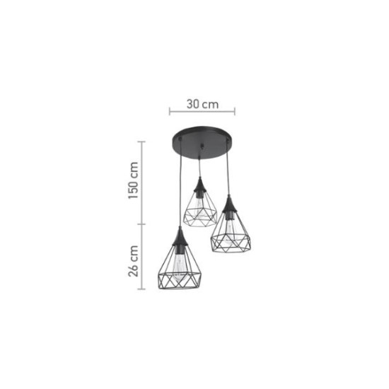 Κρεμαστό φωτιστικό από μαύρο μέταλλο 3XE27 D: 30cm (4024-3-BL-ROSETTE) - INLIGHT
