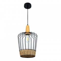 Κρεμαστό φωτιστικό από μαύρο μέταλλο, σχοινί και ξύλο 1XE27 D:17cm (4025-Β) - INLIGHT