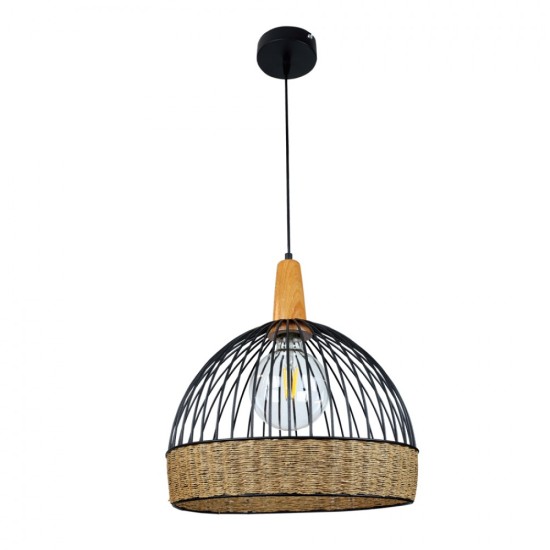 Κρεμαστό φωτιστικό από μαύρο μέταλλο, σχοινί και ξύλο 1XE27 D:35cm (4027-Α) - INLIGHT