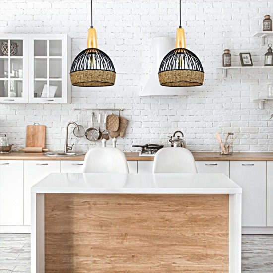 Κρεμαστό φωτιστικό από μαύρο μέταλλο, σχοινί και ξύλο 1XE27 D:20cm (4027-Β) - INLIGHT