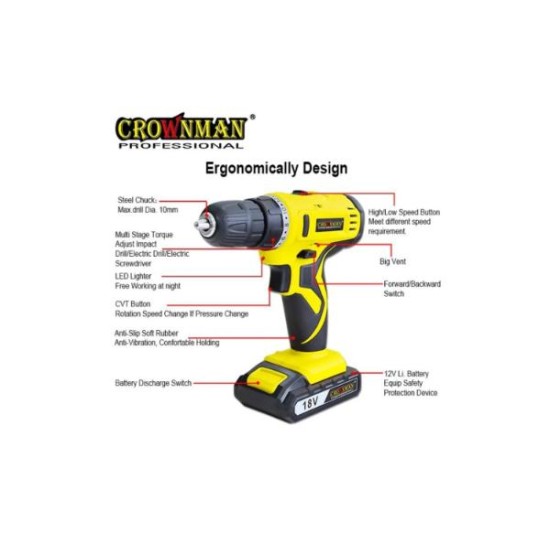 Φορητό τρυπάνι επαναφορτιζόμενο 18V CROWNMAN