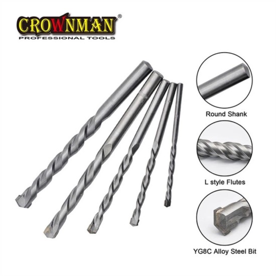 Σέτ 5 τρυπάνια YG8C Με εξάγωνο στέλεχος για δομικά υλικά 4.0mm-10mm - CROWNMAN