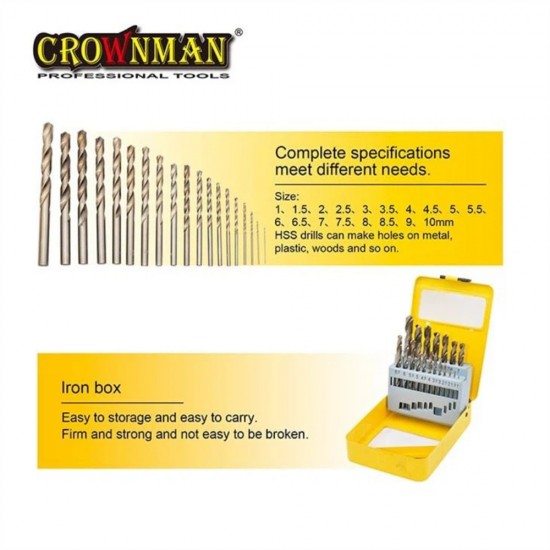 Σέτ 19 τρυπάνια Τιτανίου HSS σε μεταλλικό βαλιτσάκι - CROWNMAN