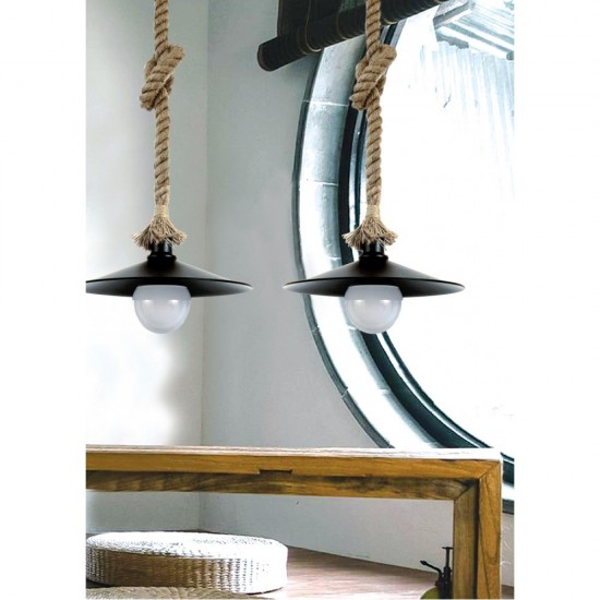 Κρεμαστό φωτιστικό από καφέ σχοινί και μαύρο μέταλλο 1XE27 D:36cm (4382-BL) - INLIGHT