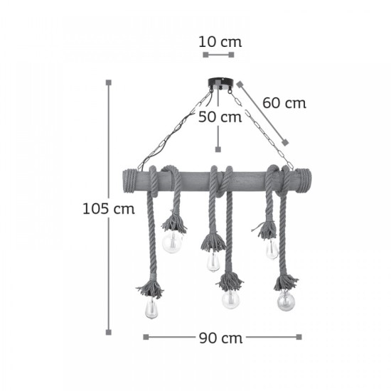 Κρεμαστό φωτιστικό από καφέ σχοινί και μπαμπού 6XE27 D:90cm (5307-6) - INLIGHT