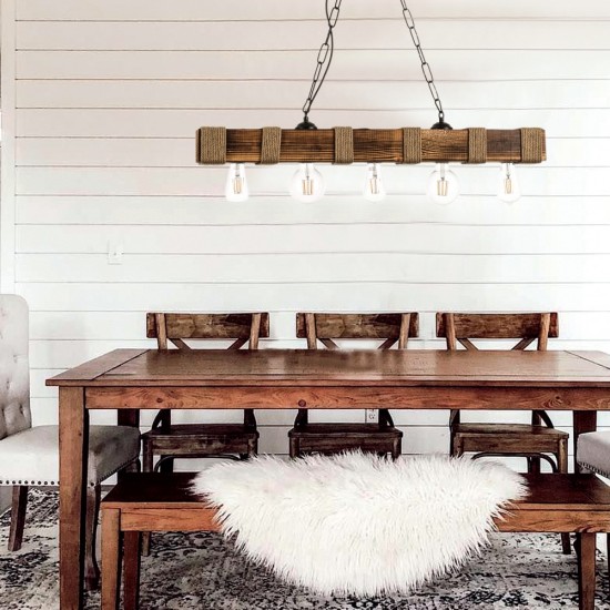 Κρεμαστό φωτιστικό από ξύλο και σχοινί 5XE27 D:90cm (5318-5) - INLIGHT