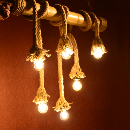 Φωτιστικό κρεμαστό 6 x E27 LED 40W Μέταλλο + Μπαμπού + Σχοινί + PVC Μάυρο καλωδιο / Μάυρο μάτ + Φυσικό 11Χ60ΧΗ170CM MERLIN - acadecor