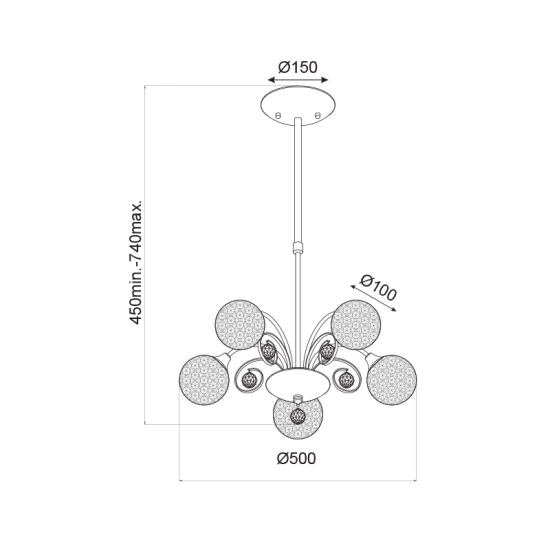 Φωτιστικό κρεμαστό 5 x G9 28W Κρύσταλλο + Μέταλλο PVC διάφανο καλώδιο / Χρώμιο + Διάφανο 500XH120CM SKYLAR - acadecor 