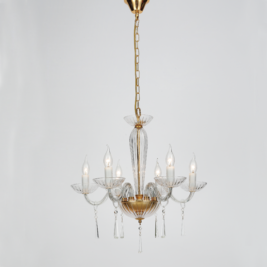 Φωτιστικό κρεμαστό 6 x E14 40W Μέταλλο + Κρύσταλλο + Βελούδινο ύφασμα + Λευκό γυαλί + PVC Διάφανο καλώδιο/ Γυαλιστό χρυσό + Διάφανο + Χρυσό  Φ54ΧΗ178CM VIOLET - acadecor