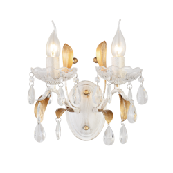 Φωτιστικό επίτοιχο 2 x E14 40W Μεταλλο + Κρύσταλλο + PVC Λευκό καλώδιο / Λευκό πατίνα - Αντικέ χρυσό + Διάφανο  38Χ24,5Χ19CM SARDINIA - acadecor 