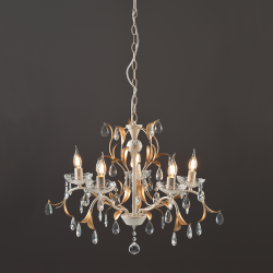 Φωτιστικό κρεμαστό 5 x E14 40W Μεταλλο + Κρύσταλλο + PVC Λευκό καλώδιο / Λευκό πατίνα - Αντικέ χρυσό + Διάφανο Φ68ΧΗ108CM SARDINIA - acadecor 