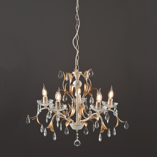 Pendant light 5 x E14 40W Metal + Crystal + White PVC cable / White patine  Antique gold + Clear Φ68ΧΗ108CM SARDINIA - acadecor 