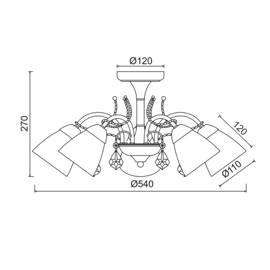 Ceilling light 5 x E14 40W Metal + Glass + Crystal  / White patine - Antique gold + White + Clear Φ54ΧΗ27CM QUINCE - acadecor 