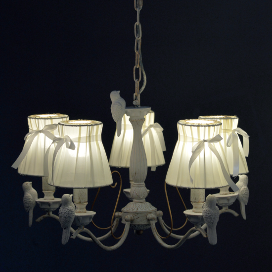 Pendant light 5 x E14 60W Metal + Fabric + Polyresine + PVC transparent cable / Goldwhite patine + Gold + Beige Φ58ΧΗ84CM  EKAVI - acadecor 