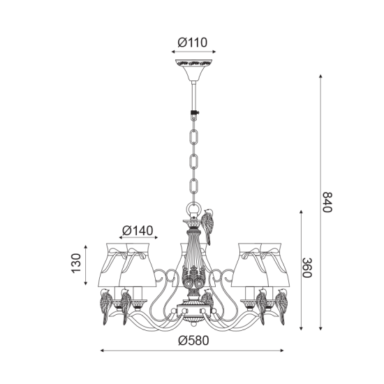 Pendant light 5 x E14 60W Metal + Fabric + Polyresine + PVC transparent cable / Goldwhite patine + Gold + Beige Φ58ΧΗ84CM  EKAVI - acadecor 