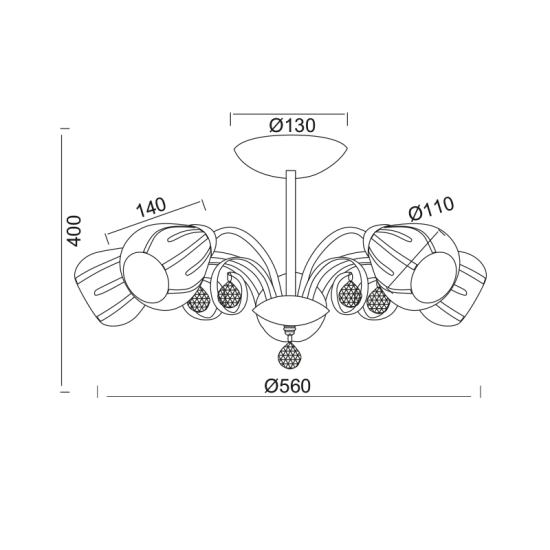 Pendant light 5 x E14 60W Metal + Glass + Crystal / Chrome + Sandblast + Clear Φ560XH40CM CARDINAL - acadecor 