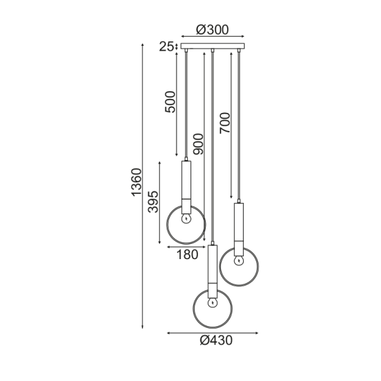 Φωτιστικό Κρεμαστό  3 x Ε27 40W Μεταλλικό + PVC μάυρο καλώδιο / Σατινέ ορείχαλκο + Μάυρο μάτ  D44ΧΗ136CM  MIRACOLO - acadecor