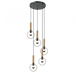 Φωτιστικό Κρεμαστό  5 x Ε27 40W Μεταλλικό + PVC μάυρο καλώδιο / Σατινέ ορείχαλκο + Μάυρο μάτ D53ΧΗ176CM  MIRACOLO - acadecor