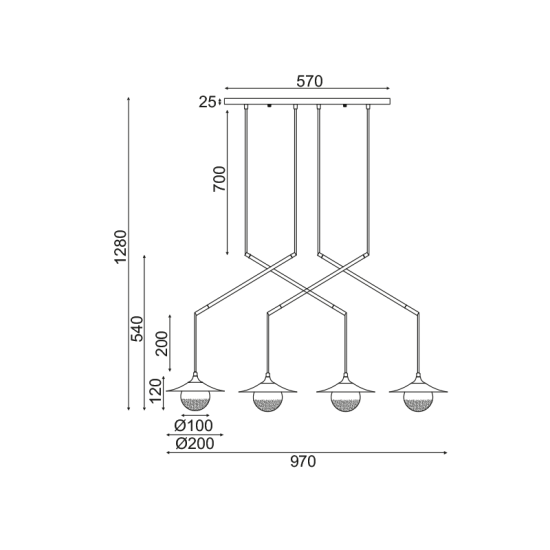 Φωτιστικό κρεμαστό 4 x G9 25w Μέταλλο + Γυαλί + PVC Μάυρο καλώδιο / Βουρτσιστό ορείχαλκο + Μάυρο μάτ + Λευκό - Διάφανο 97X20ΧΗ128CM LAYLA - acadecor