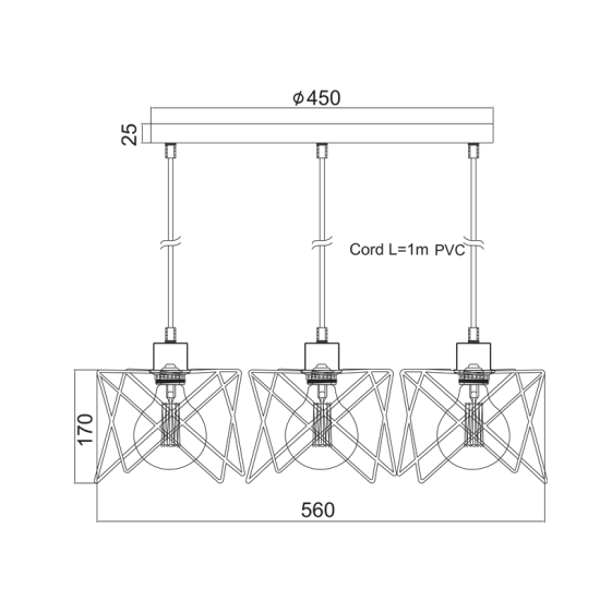 Φωτιστικό κρεμαστό 3 x E27 60W Μέταλλο + PVC Μάυρο καλώδιο / Μάυρο μάτ 56ΧΗ115CM  ANDY - acadecor