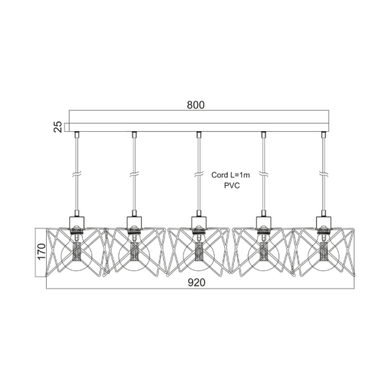 Φωτιστικό κρεμαστό 5 x E27 60W Μέταλλο + PVC Μάυρο καλώδιο / Μάυρο μάτ 56ΧΗ115CM  ANDY - acadecor