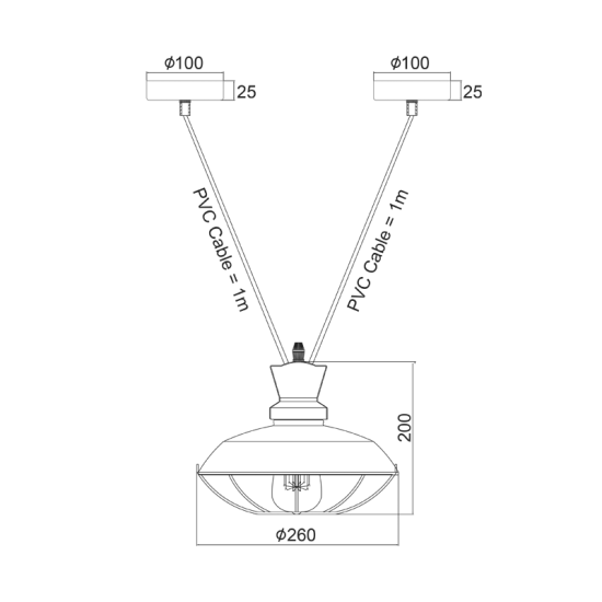 Φωτιστικό κρεμαστό 2 Βασεων 1 x E27 60W Μέταλλο + PVC Μάυρο καλώδιο / Μάυρο μάτ Φ26,5CM ANGELA - acadecor