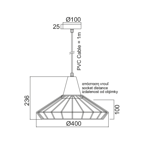 Pendant light 1 x E27 60W Metal + Wood + PVC black cable / Natural +  Black Φ40XΗ24cm KENNEDY - acadecor