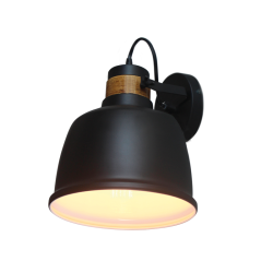 Wall light 1 x E27 60W Metal + PVC black cable / Matt black ΅+ Wood shade + White Φ28X23CM  ERNEST - acadecor