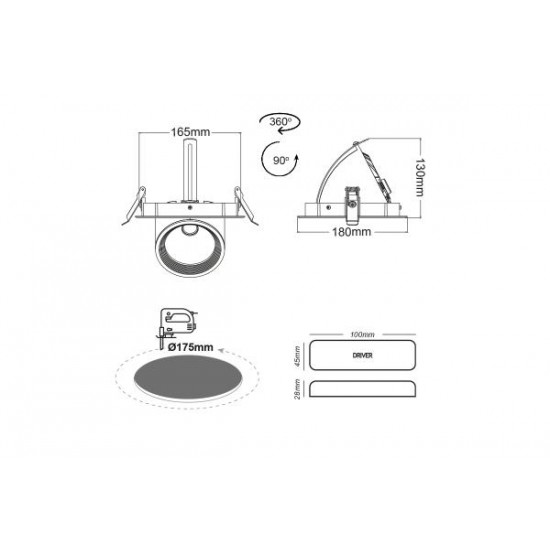 Φωτιστικό Led COB LM80 SMD ψευδοροφής στρογγυλό Κινητό λευκό με τροφοδοτικό 230V 30W 4000K IP20 - 60deg - LINO3040 - aca