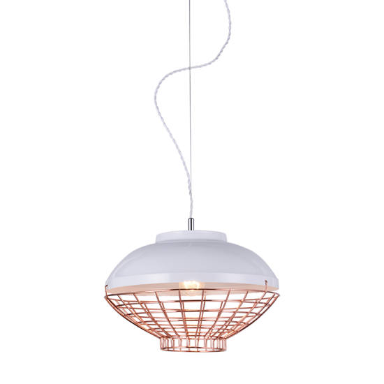 Pendant light 1 x E27 60W Metal + Twisted fabric white cable / Polished white + Polished copper Φ40ΧΗ150CM LETO - acadecor