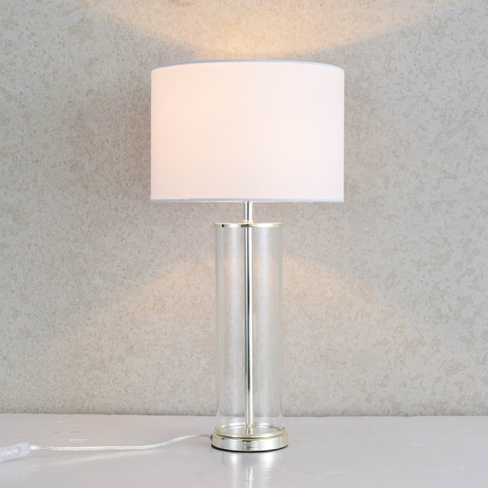 Φωτιστικό επιτραπέζιο 1XE27 max 60W Μέταλλο + Ύφασμα + PVC διάφανο καλωδιο / Γυαλιστό νίκελ + Λευκό + Διάφανο Φ25ΧΗ48CM ANTELINO - acadecor 