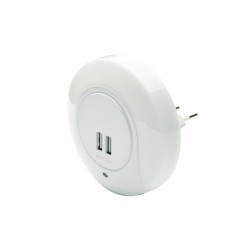 Φωτιστικό Νυχτός πρίζας LED 1W 230V IP20  4000K ΜΕ 2 USB Θύρες Διακόπτη ON/OFF K AUTO MODE, Πλαστικό / Λευκό Φ90 - acadecor 