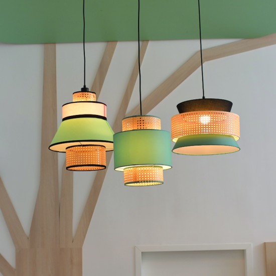 Φωτιστικό κρεμαστό 1 x E27 LED 15W Ύφασμα + Rattan + Υφασμάτινο μάυρο καλώδιο /  Βεραμάν - Μάυρο + Φυσικό D40XH150CM NISYROS - acadecor