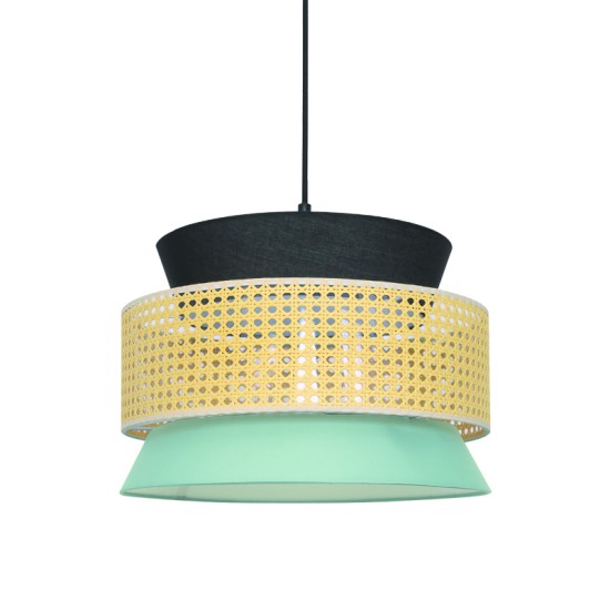 Φωτιστικό κρεμαστό 1 x E27 LED 15W Ύφασμα + Rattan + Υφασμάτινο μάυρο καλώδιο /  Βεραμάν - Μάυρο + Φυσικό D40XH150CM NISYROS - acadecor