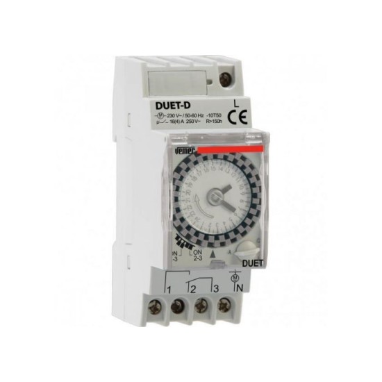 Χρονοδιακόπτης αναλογικός ράγας 2 Στοιχείων - Ημερήσιος με εφεδρεία 150 Ωρών - DUET-D - Vemer