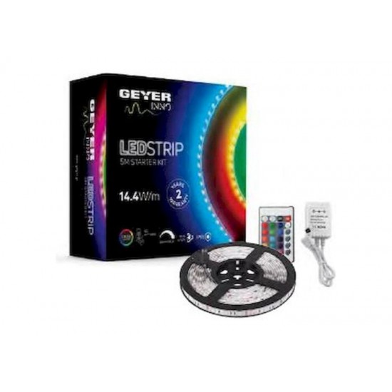 Ταινία Led 14.4w/m RGB - Blister Kit - 5Μέτρα - IP65 Με τροφοδοτικό 12V DC / RGB Controller - LSKIT144RGB65 - Geyer