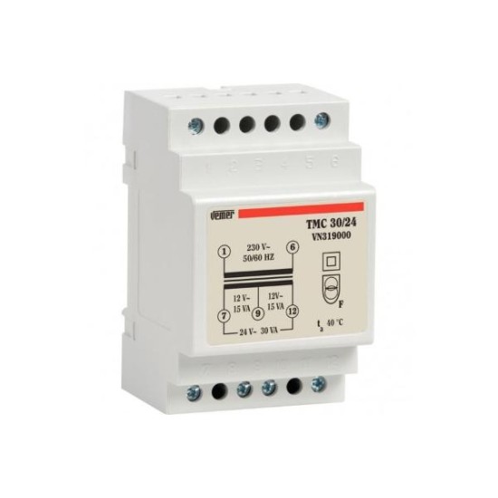 Security transformers - Rail 230V / 2x(15VA ,12V) - 30VA 24VAC - TMC30/24 - Vemer
